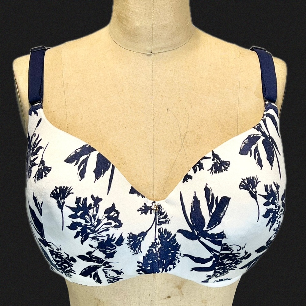 Cacique lightly lined balconette‎ boost bra 40DD toile blue floral plus size